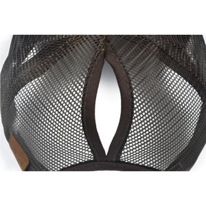 Detail of dark brown mesh baseball cap featuring a vertical ponytail hole opening