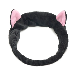 Elastic plush cat ear headbands in black and pink for washing face or makeup