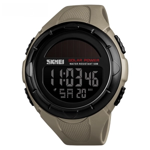 Solar powered digital sports watch with khaki resin strap and 50M water resistance