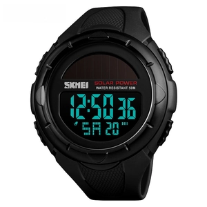 Detail view of solar-powered digital sports watch with 50m water resistance and LED display