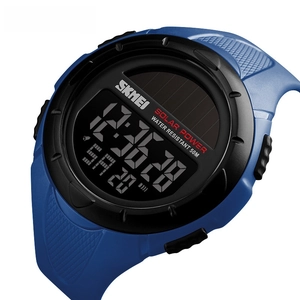 Close-up of SKMEI solar powered watch with blue resin strap and 50M waterproof case