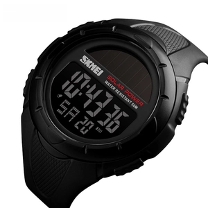 Macro shot of solar powered digital sports watch featuring 50M water resistance
