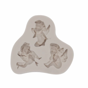 Macro shot of grey silicone mold featuring three detailed angel cupid shaped cavities