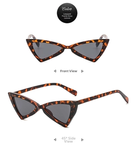 Detail view of leopard print cat-eye sunglasses with grey lenses and retro triangular frame