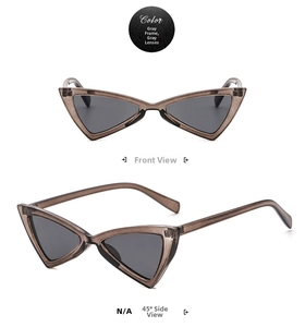 Front and side view of triangle cat eye sunglasses with gray frame and dark lenses