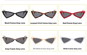 Detailed grid view of triangular cat eye sunglasses in black, leopard, red, and white