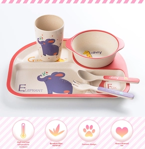 Bamboo fiber kids dinnerware set with cute cartoon animals and 5-piece compartments