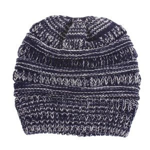 Detail of mixed blue and grey knit beanie showing ribbed texture and horizontal stripes