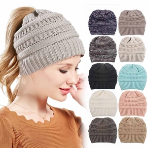 Women Ponytail Beanie Hat Acrylic Cable Knit Messy Bun Winter Warm Stretch Slouchy Casual Headwear Outdoor Accessories