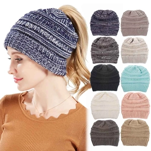 Knitted ponytail beanie for women in multiple colors with a top opening hole