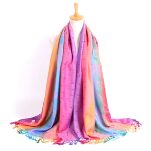 Detailed close-up of retro jacquard scarf featuring colorful feather patterns and tassels