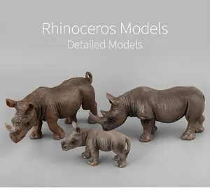 Detailed 3-piece set of realistic rhino figurines showing skin texture and muscle contours