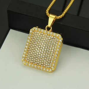Men's hip hop gold chain with a square dog tag pendant fully iced out in rhinestones