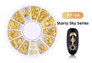Starry sky nail charms kit featuring gold moons and stars in a white organizer wheel