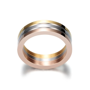 6mm tricolor stainless steel ring with brushed finish in gold, silver, and rose gold