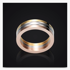 Detailed view of 6mm triple-band stainless steel ring in gold, silver, and rose gold