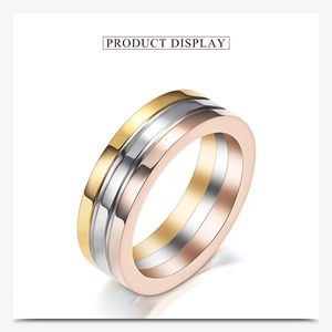 Detail showing 6mm three-tone stainless steel band with gold, silver and rose gold stripes
