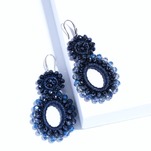 Bohemian dark blue beaded drop earrings with gradient glass beads and silver hooks