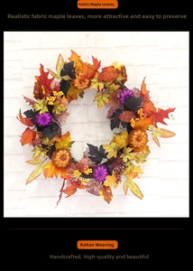 Detail of handmade vine base with fabric maple leaves and glitter pumpkins on autumn wreath