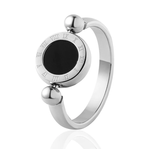 Silver titanium steel ring featuring black shell inlay and engraved Roman numerals