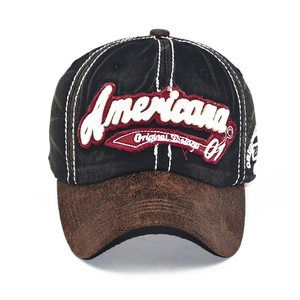 Vintage Americana baseball cap with 3D embroidery and brown faux leather brim