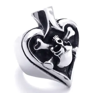 Vintage stainless steel skull ring with spade heart emblem in dark punk gothic style