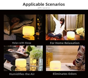 Ultrasonic 500ml aroma humidifier in bedroom and living room showing LED warm light use