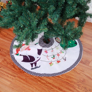 90cm white Christmas tree skirt with Santa Claus cartoon and black white plaid border