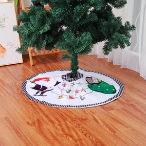 90cm white Christmas tree skirt with cartoon patterns and black and white checkered border