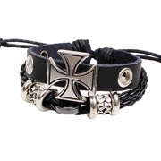 Close-up of multilayer black leather bracelet with silver cross and metal bead details