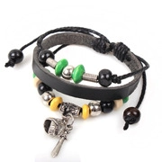 Detail of multi-layer black leather bracelet with colorful beads and metal charm detail