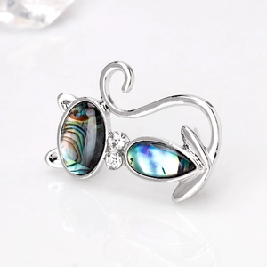 Cute kitten brooch pin with iridescent abalone shell in silver-tone metal and crystals