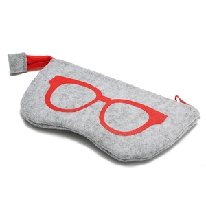 Gray felt glasses pouch with red zipper and decorative glasses icon on white background