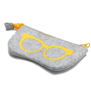 Gray felt glasses pouch with yellow zipper and printed eyewear icon for storage