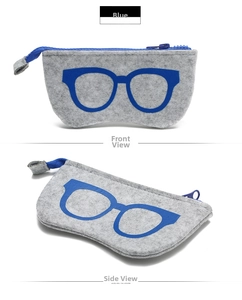Detail view of grey felt glasses pouch featuring blue zipper and printed frame logo