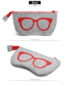 Front and side view of a grey felt eyewear case featuring a red glasses pattern and zipper