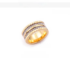 Macro detail of 10mm wide 18K gold plated ring with double row of pavé crystals