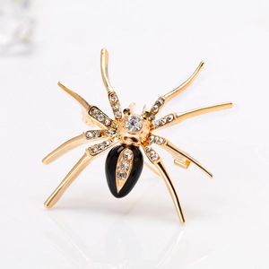 Golden spider brooch with black enamel belly and white crystal rhinestones for women