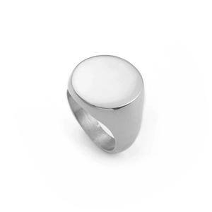 Polished silver stainless steel signet ring with a round flat top minimalist design