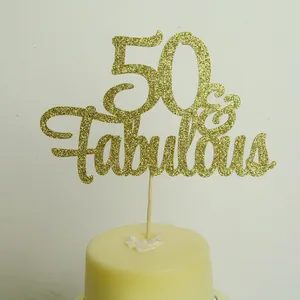Gold glitter 50 & Fabulous cake topper for 50th birthday or wedding anniversary party decor