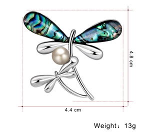 Detailed size specifications for the silver dragonfly brooch with abalone shell and pearl