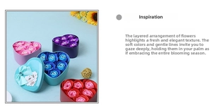 Detail of heart-shaped gift boxes with six soap roses in red, blue, purple, and pink