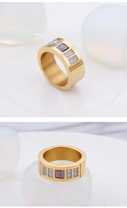 Close-up of gold titanium ring featuring a purple square stone and white side diamonds
