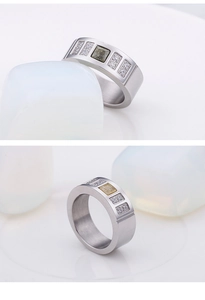 Macro view of silver titanium steel ring with inlaid olive green stone and small diamonds