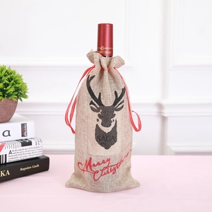 Linen Christmas Wine Bottle Cover With Reindeer Pattern Merry Christmas Print Burlap Drawstring Gift Bag For Table Decor