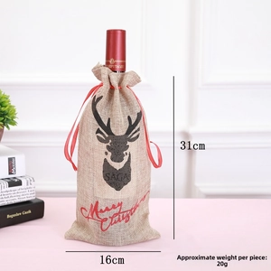 Detail of burlap elk wine bottle cover with Merry Christmas print and size 16x31cm