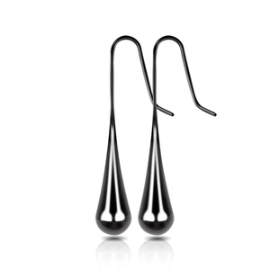 Minimalist 36mm black teardrop stainless steel earrings with glossy mirror finish