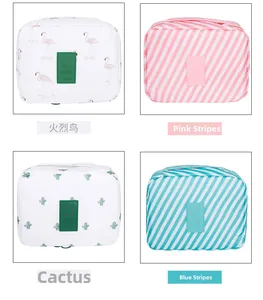 Travel cosmetic bags with flamingo, cactus, and striped patterns in a grid display