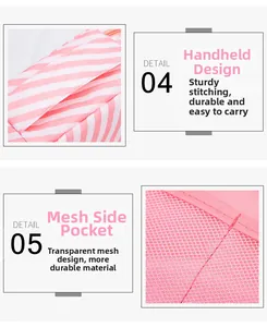 Detail of pink striped toiletry bag featuring reinforced handle and mesh side pocket