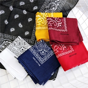 Classic paisley 100% cotton square bandanas in various colors on white grid background
